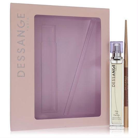 Dessange 1.7 oz Eau De Parfum spray with purple cap and bonus gold lip pencil, presented in a chic pink gift set.