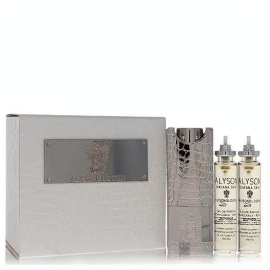 Luxurious Alyson Oldoini Diafana Skin refillable EDP set with sleek silver crocodile atomizer and elegant white box.