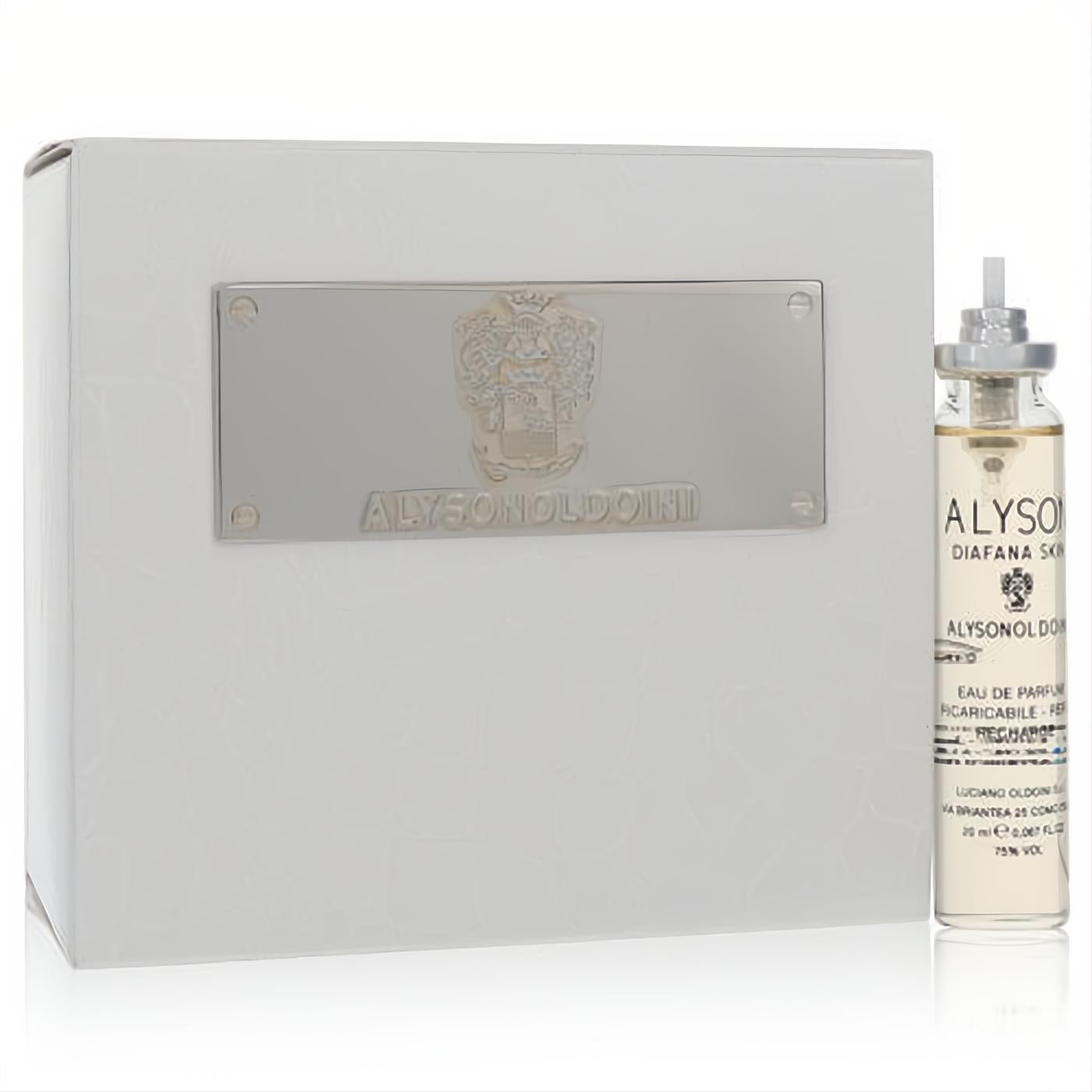 Luxurious Alyson Oldoini Diafana Skin women's fragrance 20ml EDP refill bottle and elegant white textured box.