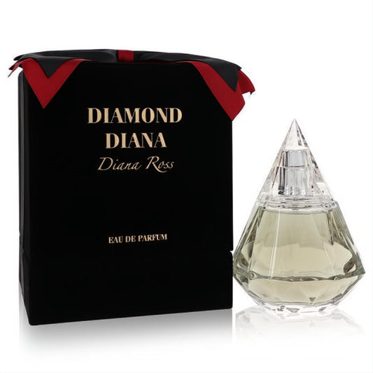 Captivating Diamond Diana Ross Eau De Parfum in a faceted diamond-shaped glass bottle, paired with a chic black and gold gift box.