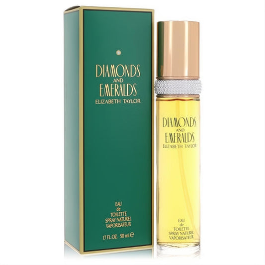 Elizabeth Taylor Diamonds & Emeralds 1.7 oz EDT spray. Elegant bottle with gold cap, silver band, and luxurious emerald green box.