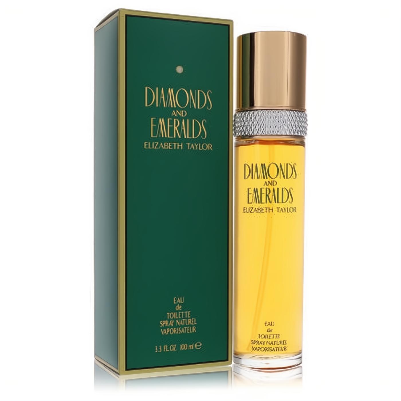 Luxurious Elizabeth Taylor Diamonds & Emeralds 3.3 oz EDT. Clear bottle with amber liquid, gold cap, and emerald green box.