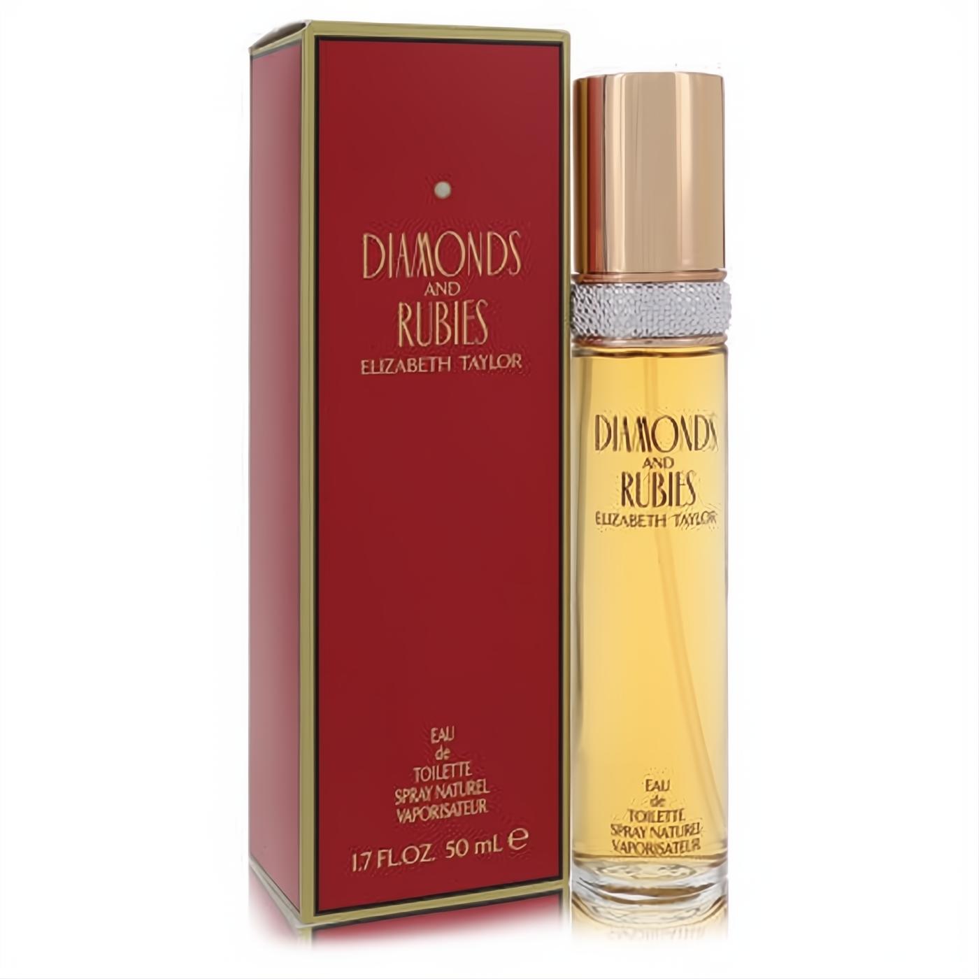 Elizabeth Taylor Diamonds & Rubies 1.7 oz Eau De Toilette spray, a luxurious amber fragrance in a gold-capped bottle and rich red box.