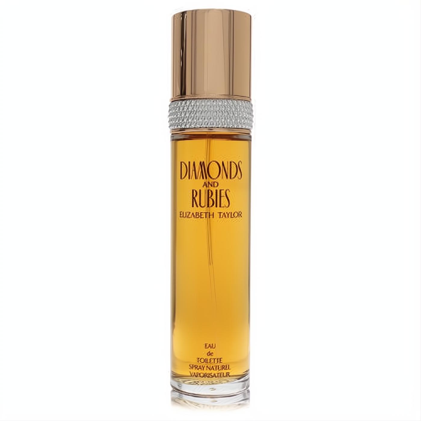 Luxurious Elizabeth Taylor Diamonds & Rubies 3.4 oz EDT spray. Clear bottle, amber fragrance, rose gold cap, and dazzling crystal band.