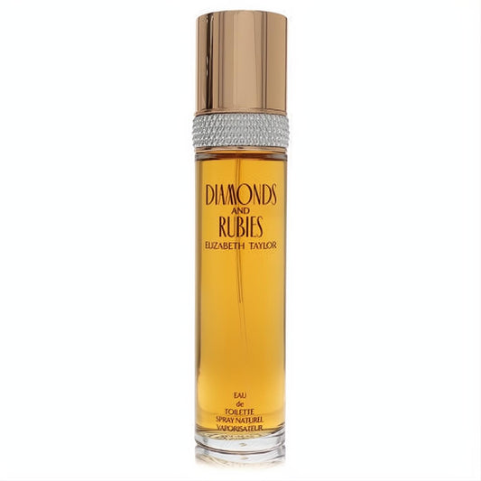 Luxurious Elizabeth Taylor Diamonds & Rubies 3.4 oz EDT spray. Clear bottle, amber fragrance, rose gold cap, and dazzling crystal band.