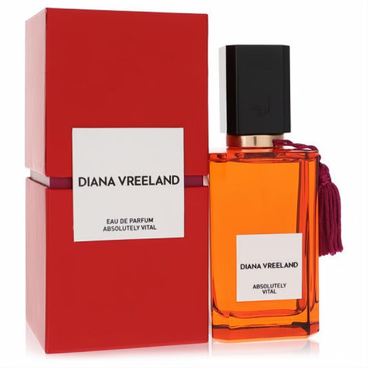Discover Diana Vreeland Absolutely Vital 3.4 oz women's EDP. Vibrant orange bottle, black cap, red tassel, and matching bold red box.