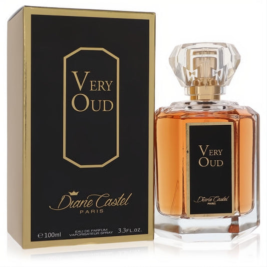 Diane Castel Very Oud 3.3 oz perfume spray. Amber in an elegant glass bottle with gold accents, faceted cap, and luxurious black & gold box.