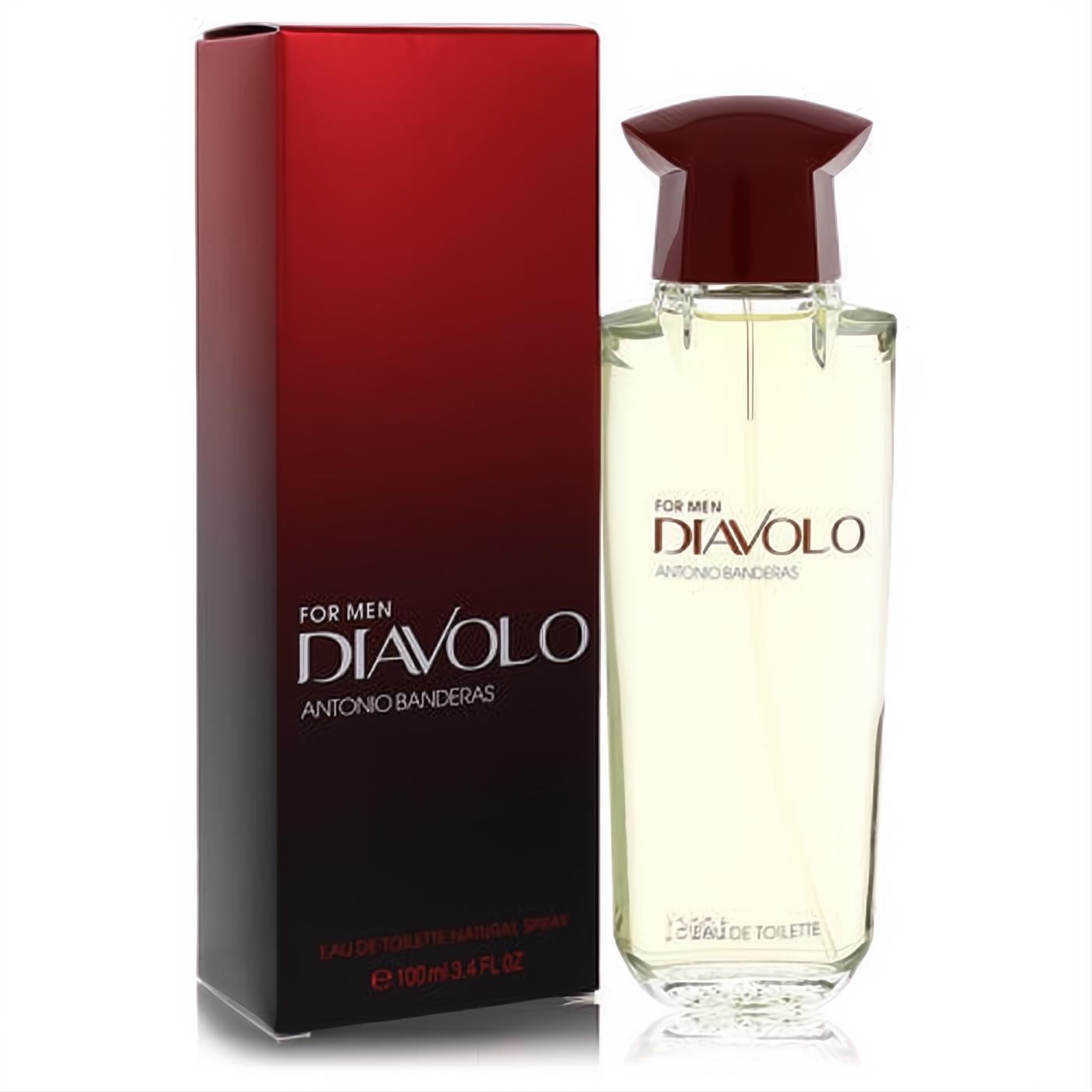 Diavolo by Antonio Banderas 3.4 oz EDT for men. Clear glass bottle, amber liquid, bold red cap, and matching sleek red box.