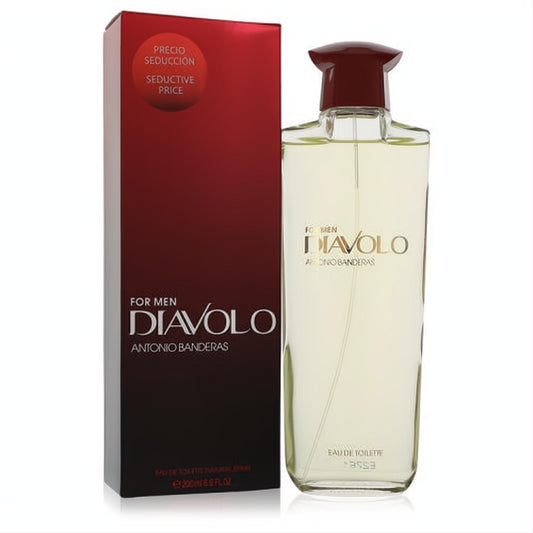Diavolo by Antonio Banderas 6.8 oz EDT for men. Clear glass bottle with golden liquid, unique maroon cap, and striking red box.