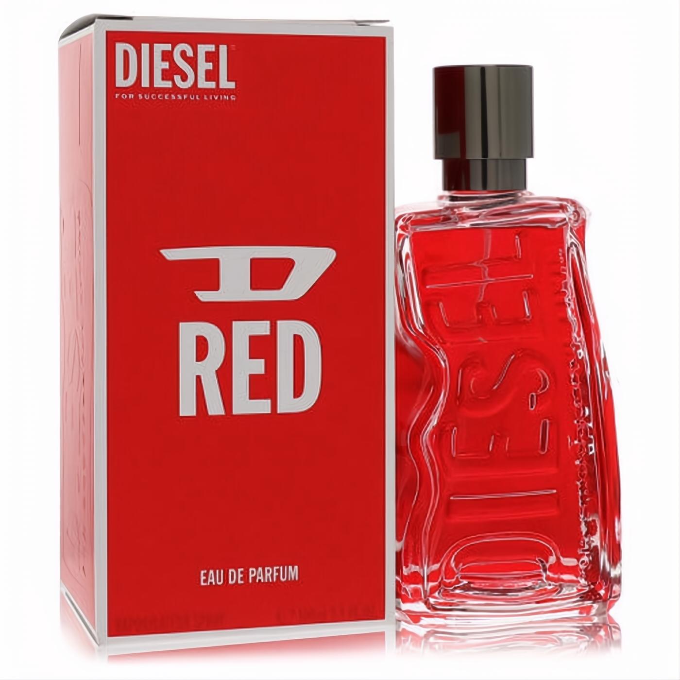 Bold Diesel D Red 3.4 oz unisex Eau De Parfum. Features a clear glass bottle with embossed logo, vibrant red liquid, and matching red box.