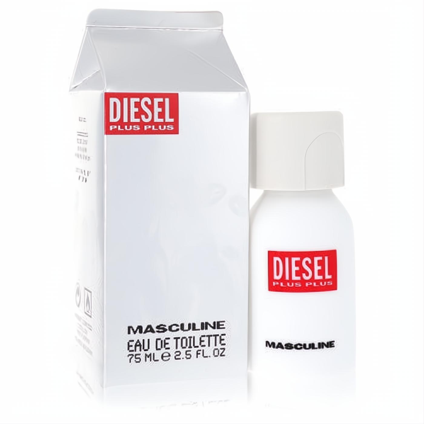 Experience Diesel Plus Plus Men's Eau de Toilette. Unique 2.5 oz white bottle & milk carton box with bold red logo.