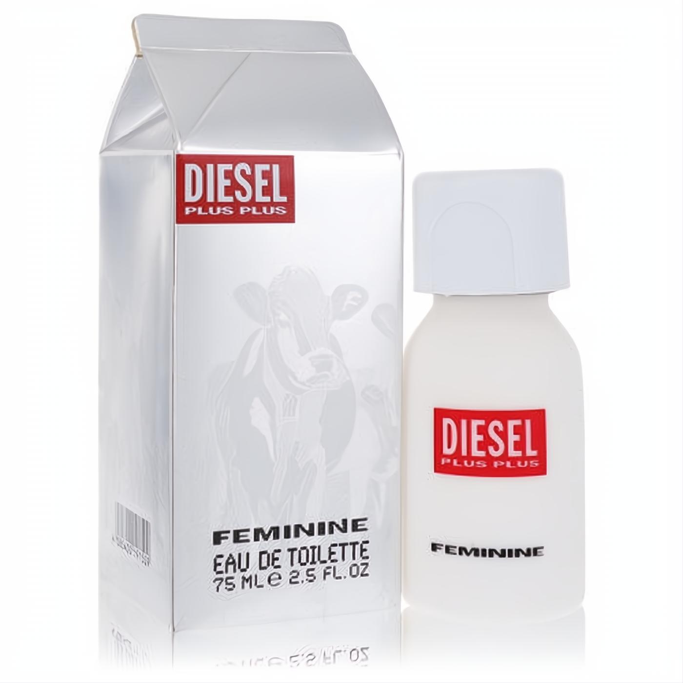 Diesel Plus Plus Feminine Eau de Toilette, 2.5 oz, presented in a unique silver milk carton box and elegant white bottle.