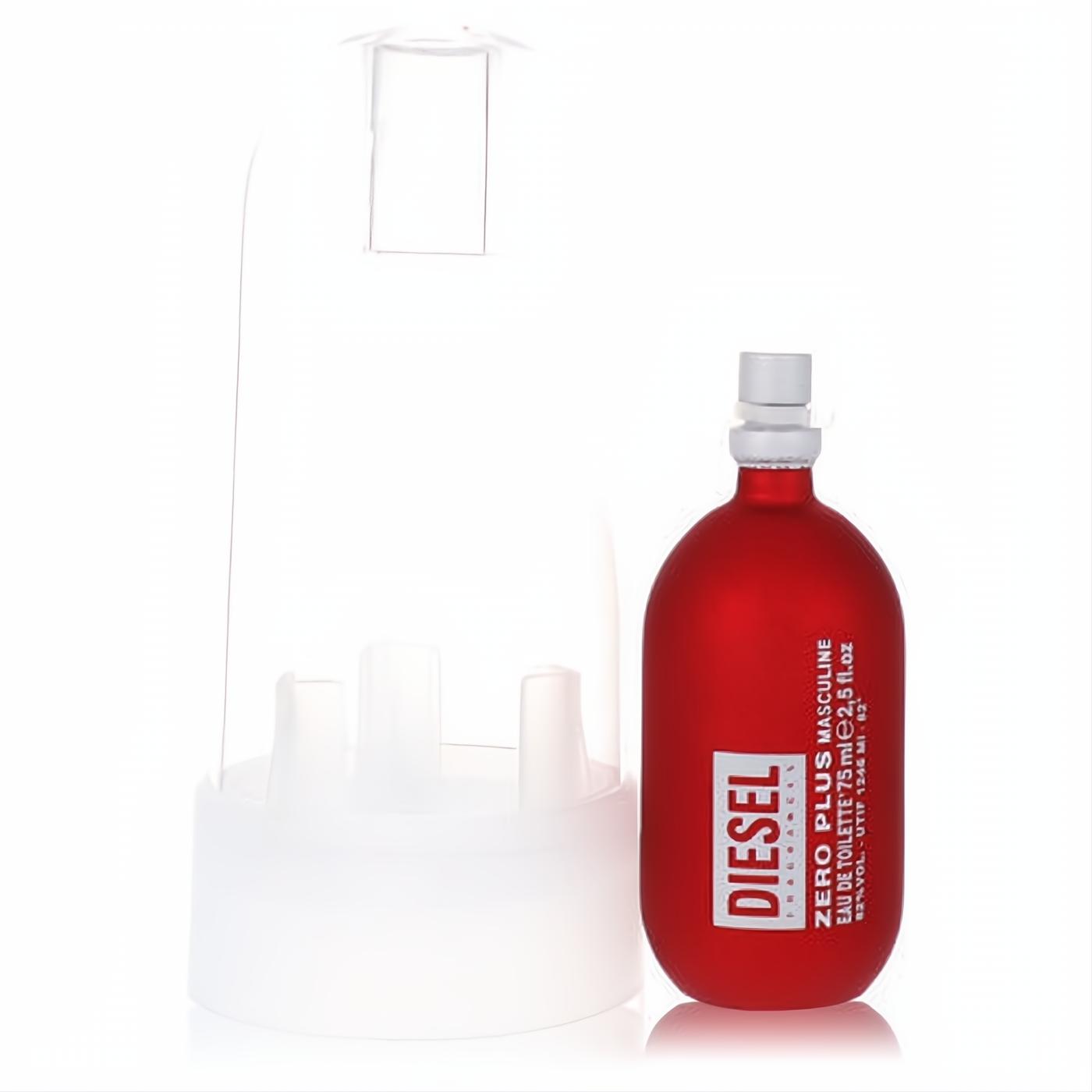 Bold red Diesel Zero Plus Masculine EDT 2.5 oz spray, a captivating men's fragrance, with white cap and clear stand.
