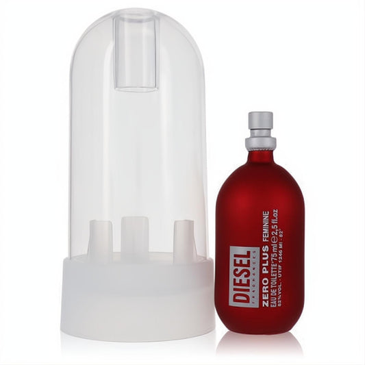 Bold red Diesel Zero Plus Feminine 2.5 oz Eau De Toilette spray bottle, featuring a sleek silver cap and clear display dome.