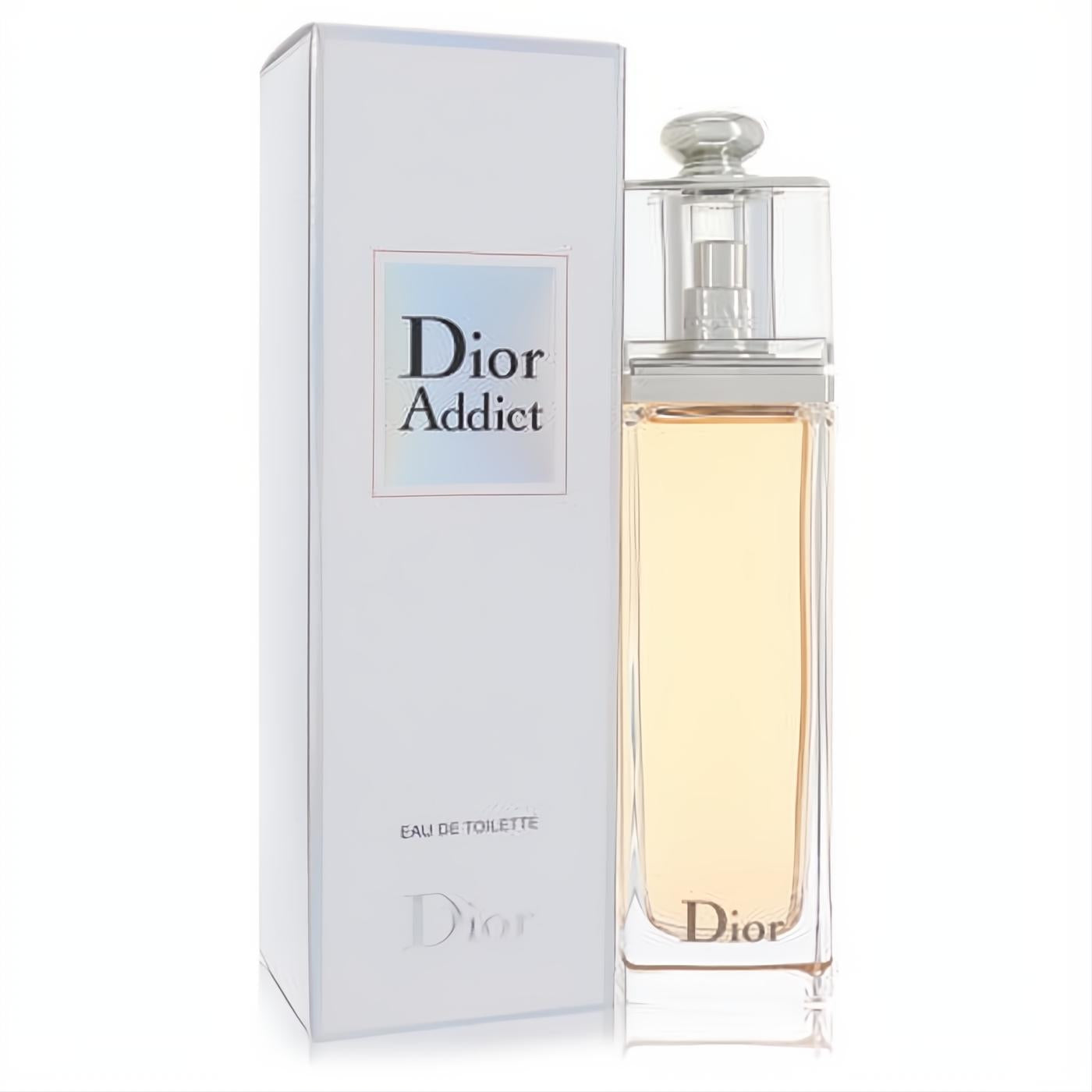 Elegant Dior Addict Eau De Toilette 3.4 oz spray. Sleek glass bottle with golden liquid and iconic white branded box.