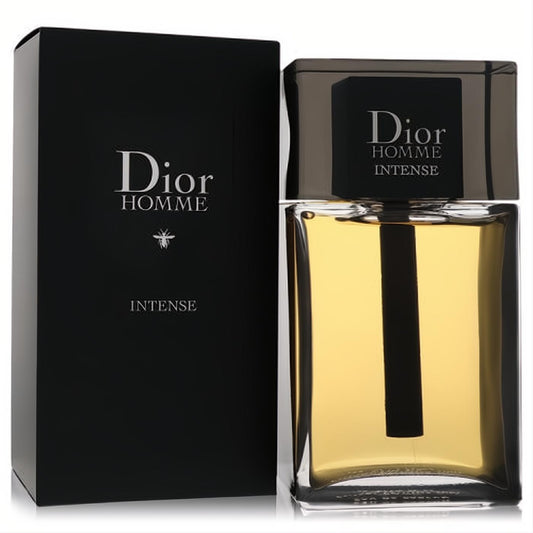 Luxurious Dior Homme Intense 5 oz EDP spray: sleek clear bottle with golden liquid, bold black cap, and elegant black box.