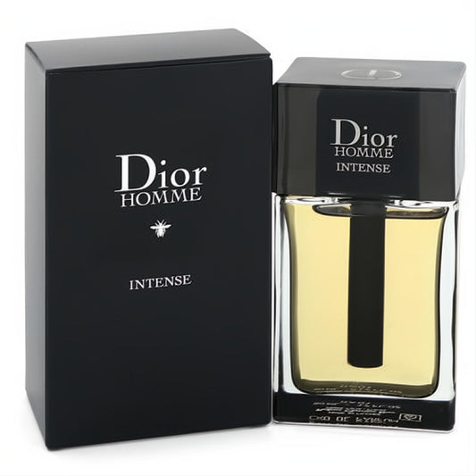 Luxurious Dior Homme Intense men's Eau De Parfum. Sleek black box and clear glass bottle with rich amber liquid.