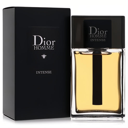 Dior Homme Intense 3.4 oz EDP in a sophisticated clear glass bottle with black cap, beside its iconic black box.