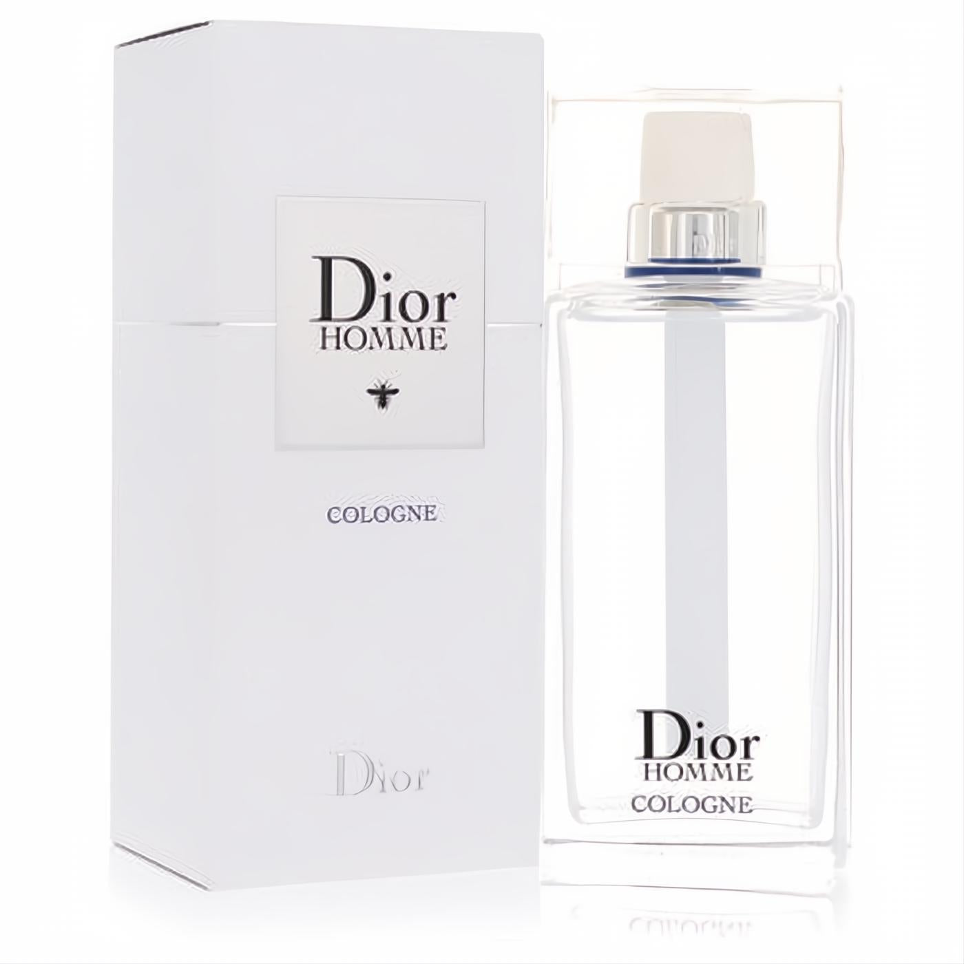 Elegant Dior Homme 4.2 oz men's cologne spray in a clear glass bottle with silver accents, next to its crisp white 2020 packaging.