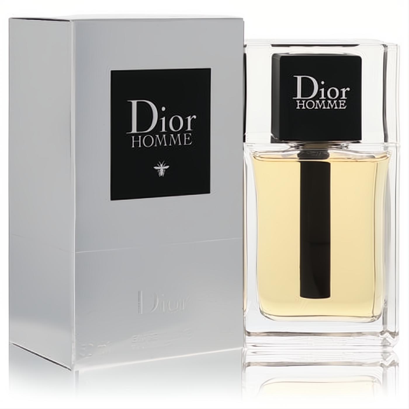 Experience Dior Homme: A luxurious men's cologne in a clear glass bottle with warm amber liquid, sleek black cap, and elegant silver box.