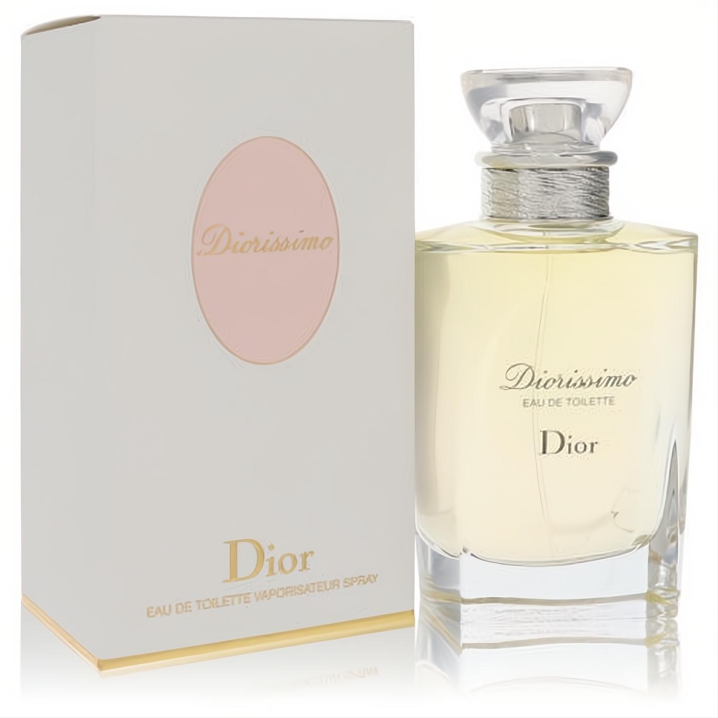 Diorissimo by Christian Dior Eau De Toilette 3.4 oz spray. Elegant clear glass bottle with light yellow liquid and white box.