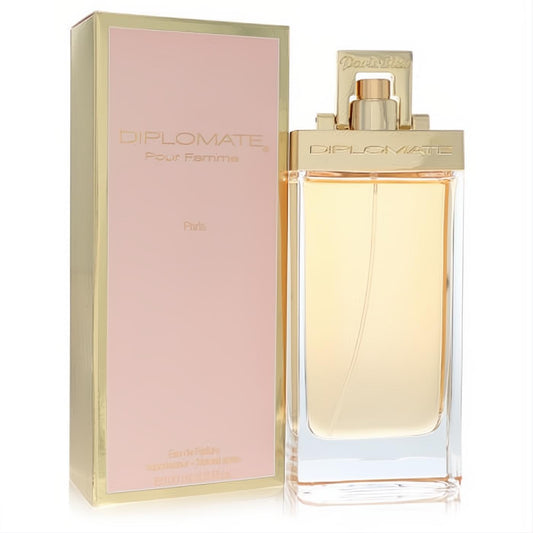 Elegant Diplomate Pour Femme 3.3 oz EDP in a sleek clear bottle with gold cap, next to its sophisticated rose gold box.
