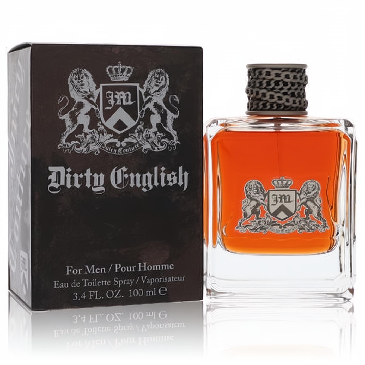 Dirty English by Juicy Couture men's fragrance. Bold amber liquid in clear bottle with silver crest and unique dark cap. 3.4 oz.