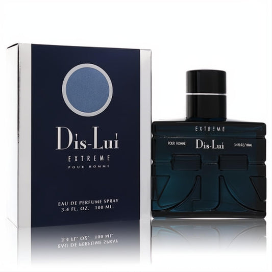 Experience Dis Lui Extreme men's 3.4 oz EDP. A sleek dark blue faceted bottle with silver accents, paired with its elegant navy box.
