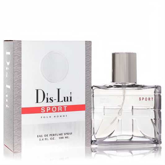 Dis Lui Sport 3.4 oz men's Eau De Parfum. Clear glass bottle with silver cap, next to its stylish white and grey box.
