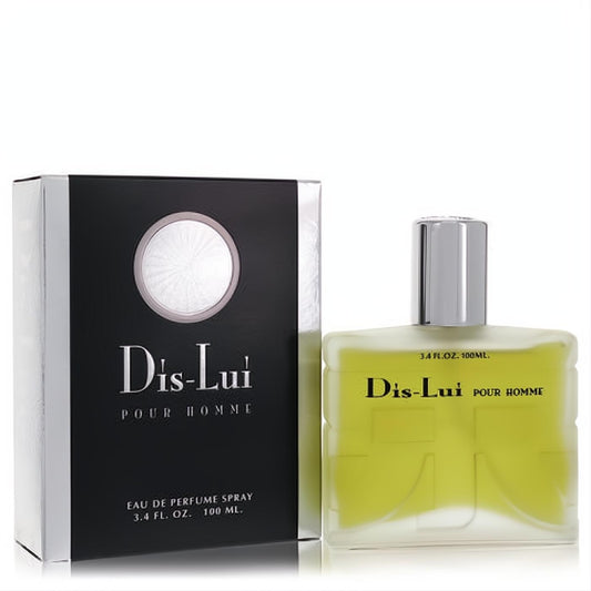 Dis Lui Pour Homme 3.4 oz EDP spray. Elegant frosted bottle with silver cap, alongside its sophisticated black and silver box.