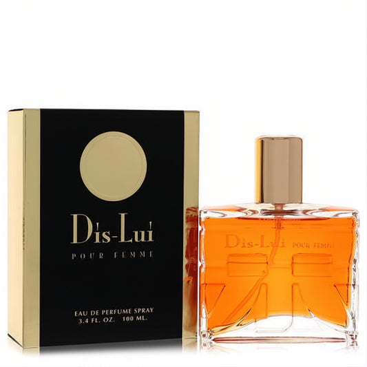 Elegant Dis Lui by YZY Perfume 3.4 oz Eau De Parfum. Amber liquid in a clear glass bottle with gold cap, beside a chic black and gold box.