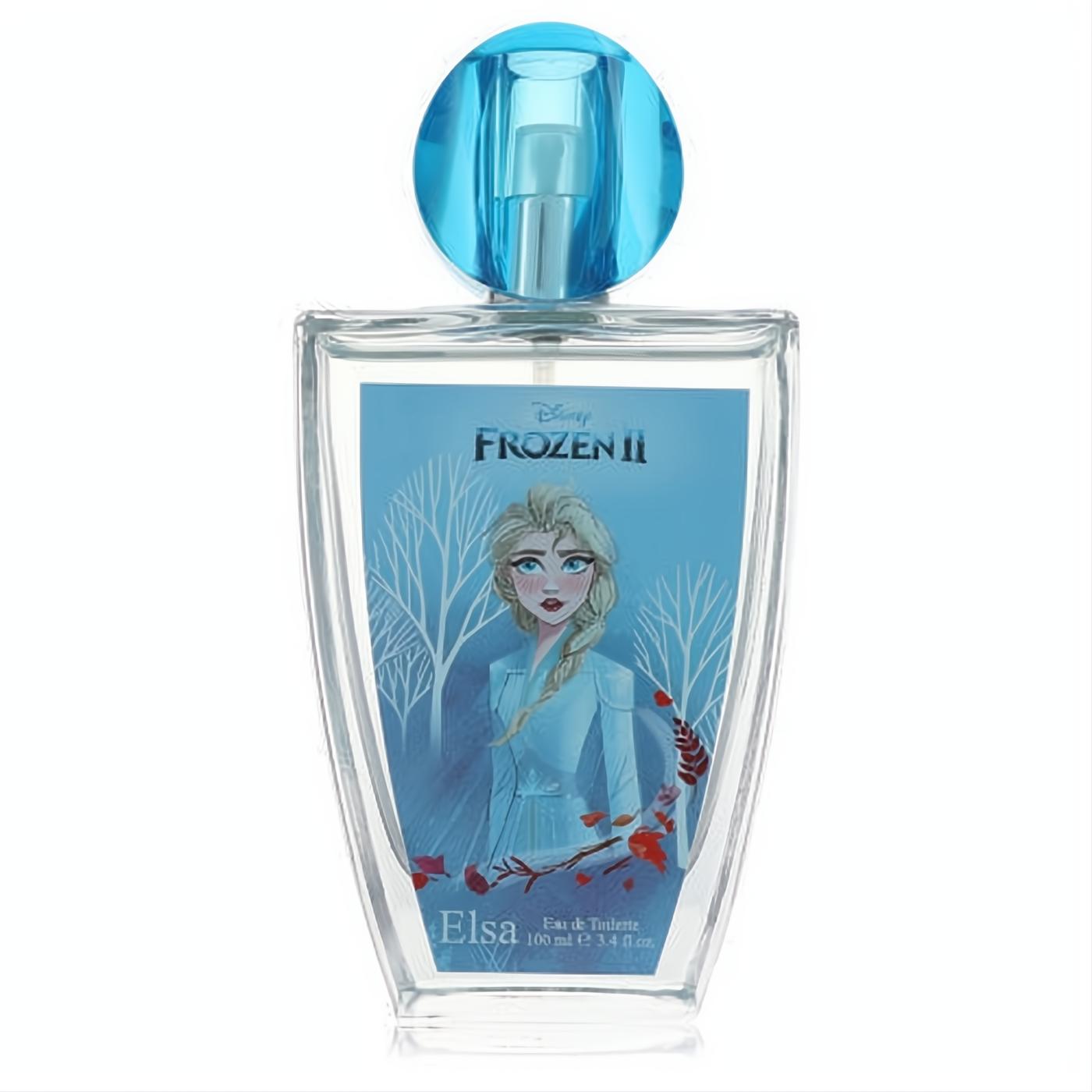 Captivating Disney Frozen II Elsa 3.4 oz EDT spray. Clear glass bottle showcases Elsa's icy blue design with a matching cap.