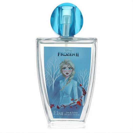 Captivating Disney Frozen II Elsa 3.4 oz EDT spray. Clear glass bottle showcases Elsa's icy blue design with a matching cap.