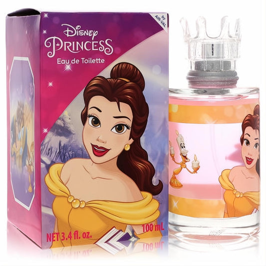 Disney Princess Belle 3.4 oz Eau de Toilette spray. Pink-orange liquid in clear bottle with Belle art, crown cap, and vibrant purple box.