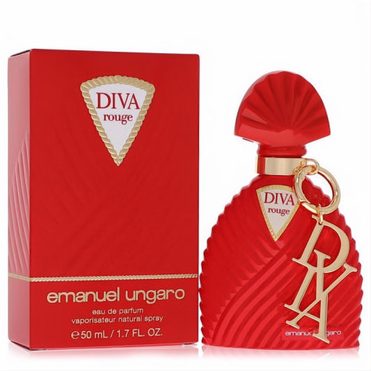 Diva Rouge by Ungaro 1.7 oz EDP. Striking red pleated bottle, elegant gold "DA" charm, and fan cap, with matching box.