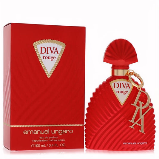 Captivating Diva Rouge by Ungaro 3.4 oz red perfume. Distinctive textured bottle, elegant fan cap, and gold charm.