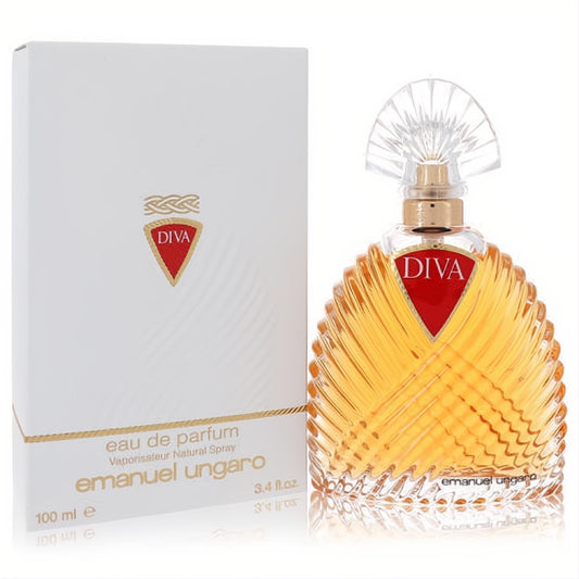 Diva by Ungaro 3.4 oz Eau De Parfum. Exquisite amber ribbed glass bottle with a clear fan cap, gold accents, and its elegant white box.