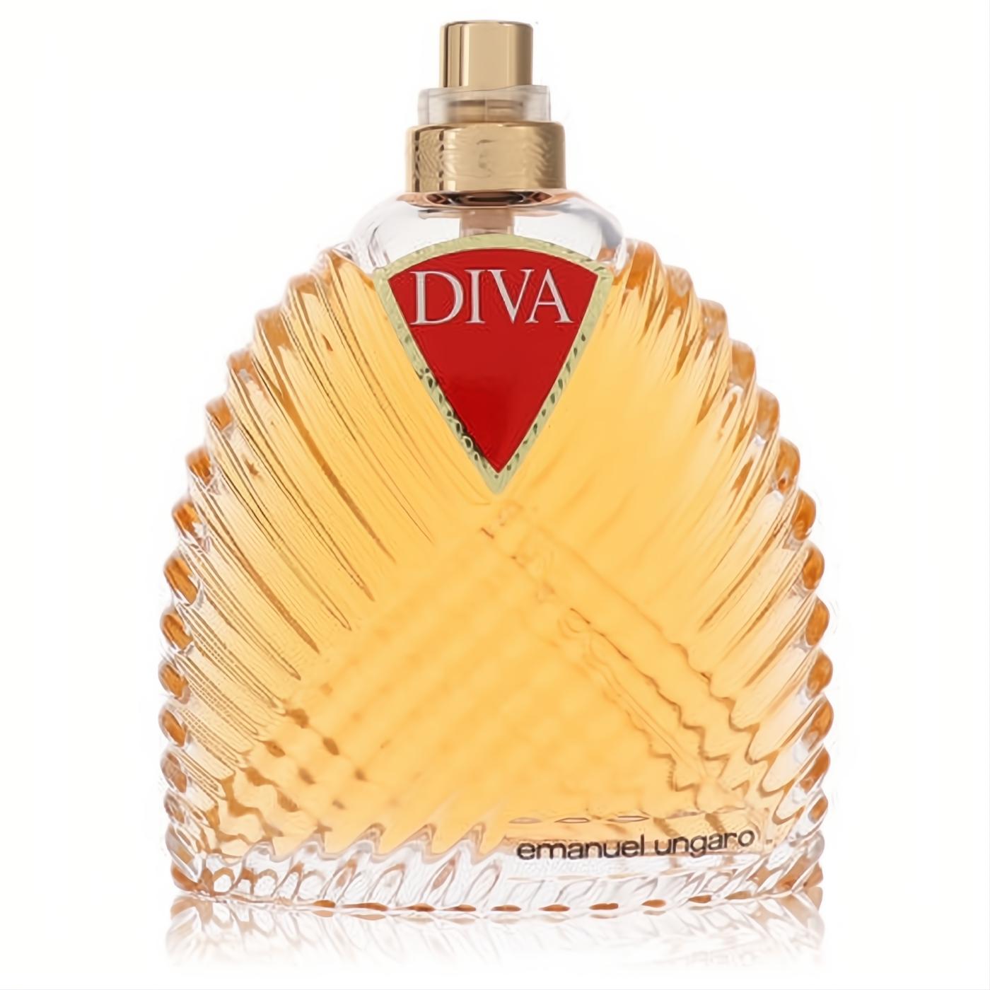 Diva by Ungaro 3.4 oz Eau De Parfum for women. Elegant amber liquid in a distinctive ribbed glass bottle with a luxurious gold cap.