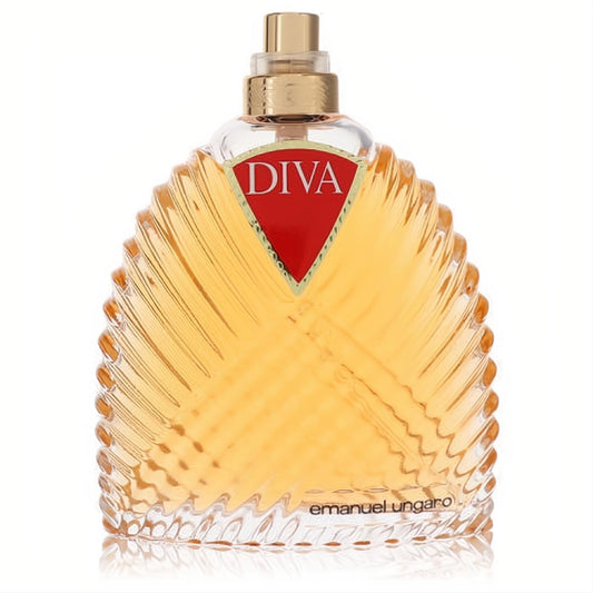 Diva by Ungaro 3.4 oz Eau De Parfum for women. Elegant amber liquid in a distinctive ribbed glass bottle with a luxurious gold cap.