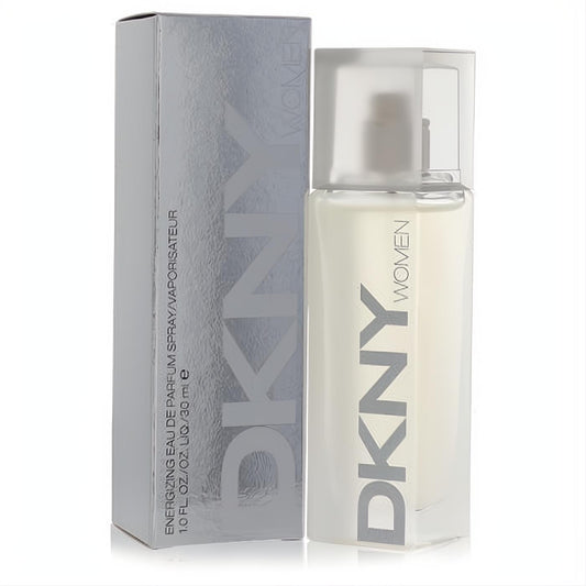 Elevate your scent with DKNY Women 1 oz Eau De Parfum. Features a modern frosted white spray bottle and a chic silver metallic box.