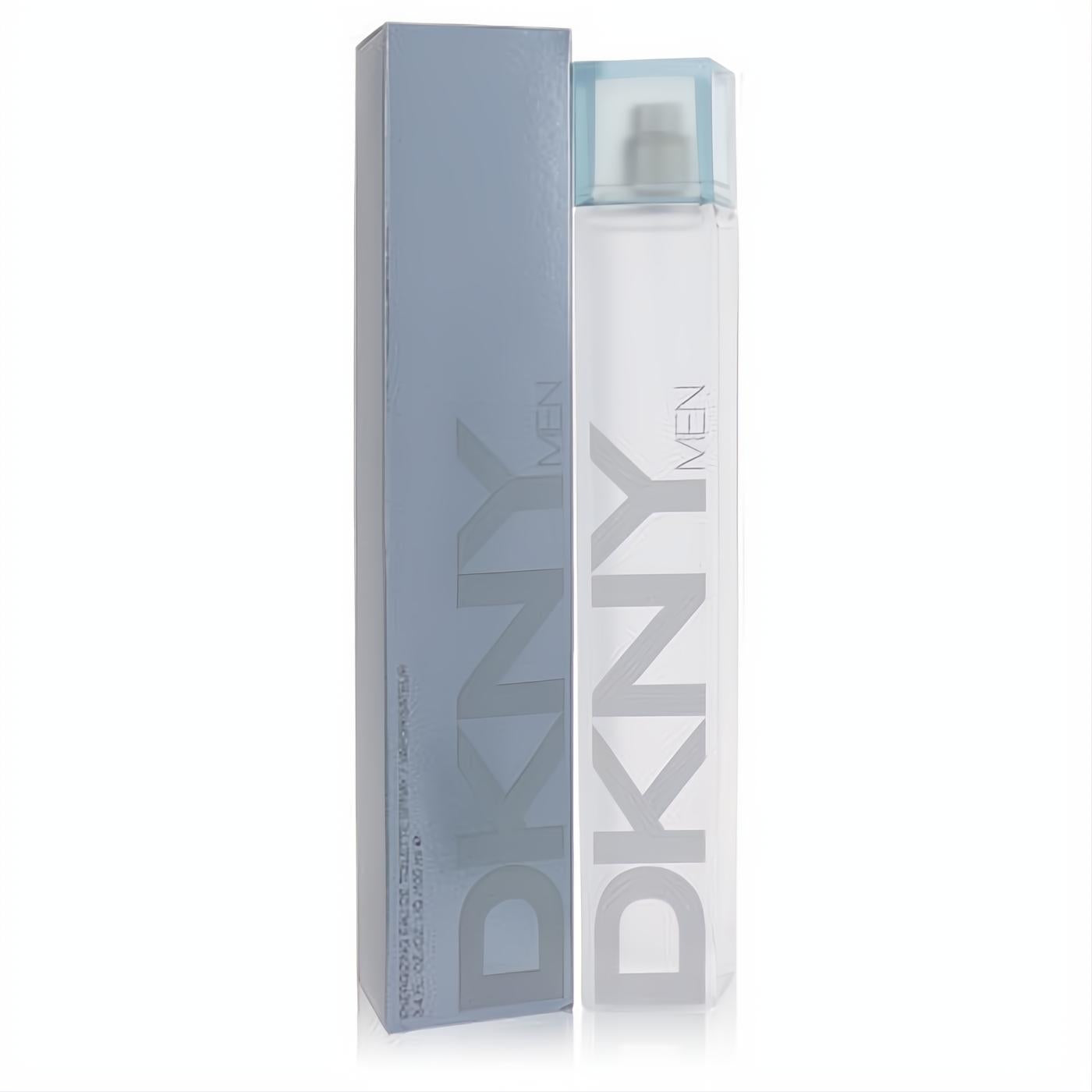 Discover DKNY Men 3.4 oz Eau De Toilette. A sleek clear bottle with light blue cap, presented with its modern blue box.