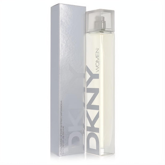 Sleek DKNY Women Energizing 3.4 oz EDP in a clear glass bottle with silver logo, paired with its elegant silver box.