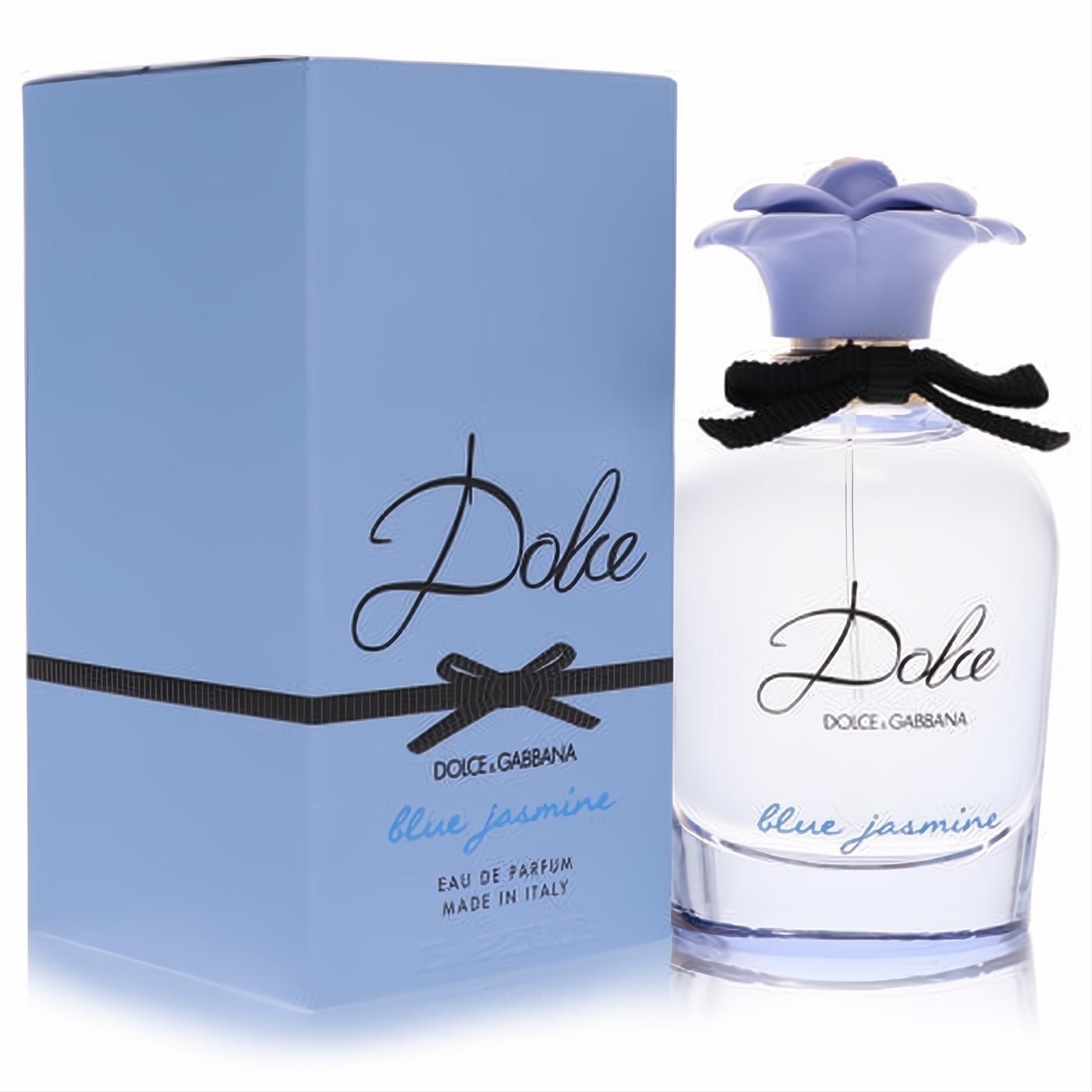 Captivating Dolce Blue Jasmine 2.5 oz EDP in a clear glass bottle with lavender floral cap and black ribbon, next to its light blue box.