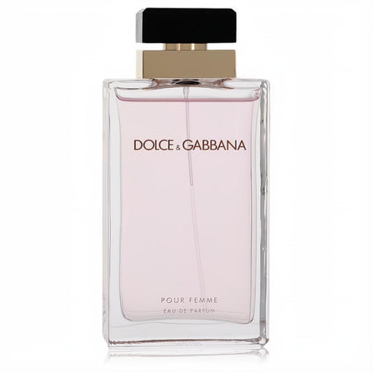 Sophisticated Dolce & Gabbana Pour Femme 3.4 oz EDP tester. Clear glass bottle, elegant pink fragrance, sleek black cap.