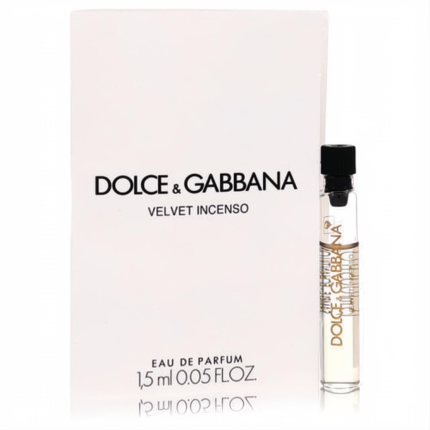 Dolce & Gabbana Velvet Incenso .05 oz luxury Eau de Parfum sample vial. Clear glass with black cap, elegant white branded card.