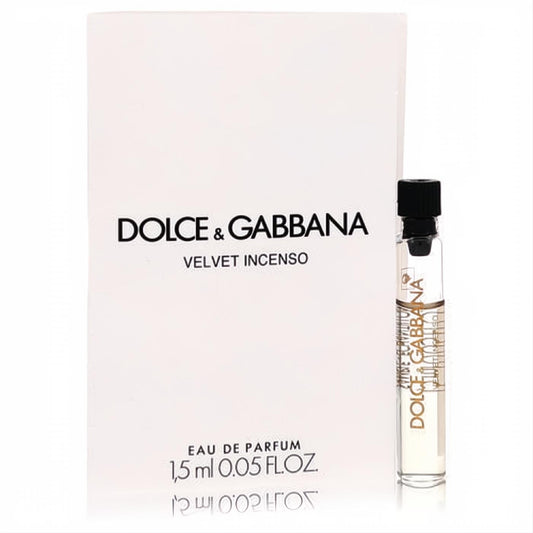 Dolce & Gabbana Velvet Incenso .05 oz luxury Eau de Parfum sample vial. Clear glass with black cap, elegant white branded card.