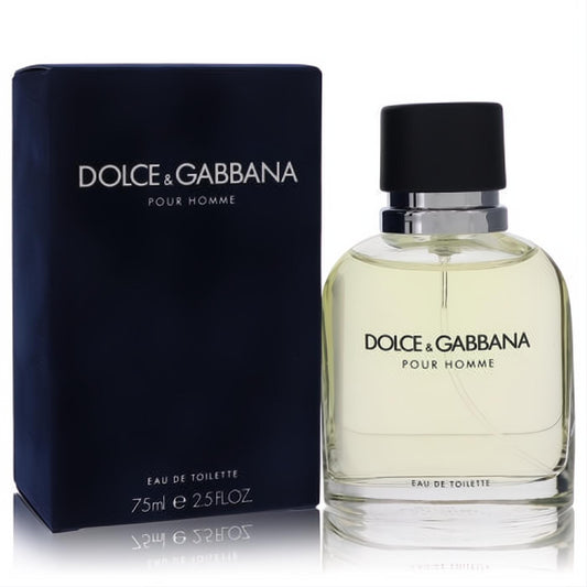 Sophisticated Dolce & Gabbana Pour Homme 2.5 oz EDT. Clear glass bottle with black cap, paired with its sleek navy blue box.