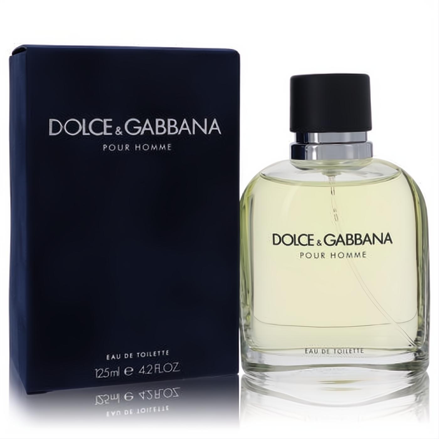 Iconic Dolce & Gabbana Pour Homme 4.2 oz EDT. Clear glass bottle with amber liquid, black cap, and sleek dark blue box.