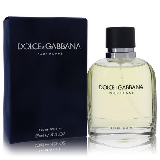 Iconic Dolce & Gabbana Pour Homme 4.2 oz EDT. Clear glass bottle with amber liquid, black cap, and sleek dark blue box.