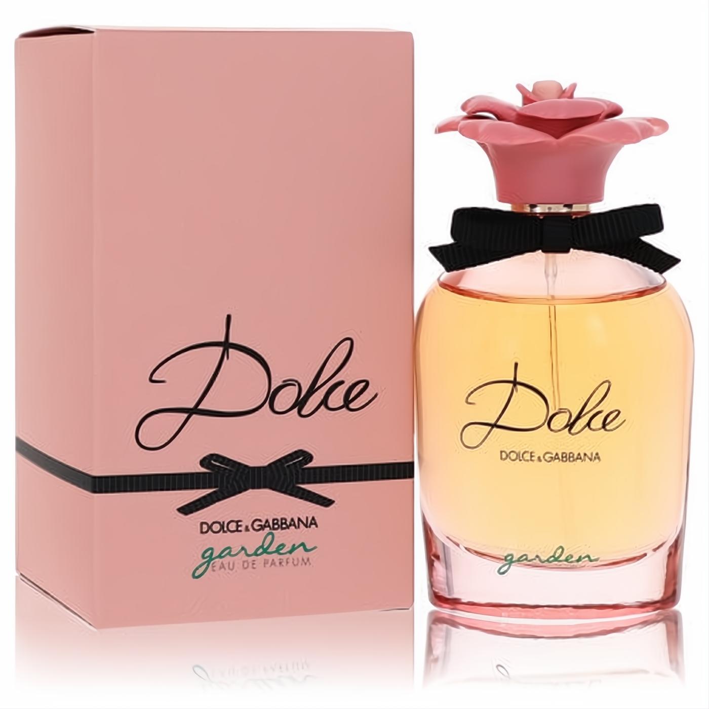 Dolce Garden by Dolce & Gabbana 2.5 oz Eau De Parfum. Pink box and elegant glass bottle with black bow, pink rose cap.